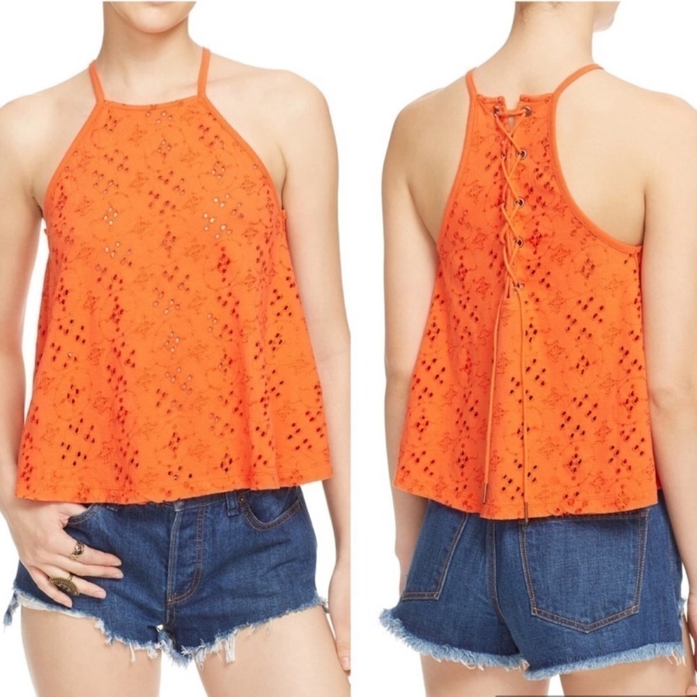 Free People Dream Date Eyelet Tank Top Small Embroidered Orange Summer Beach